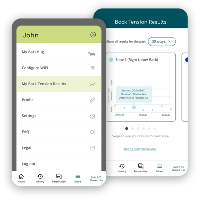 2 screens with rounded corners and shadows_slightly overlapping_Back Tension Tracking_Results and History